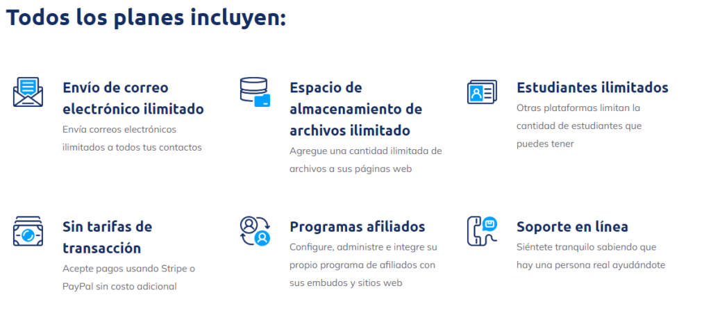 captura de pantalla sobre las características de los planes de systeme.io